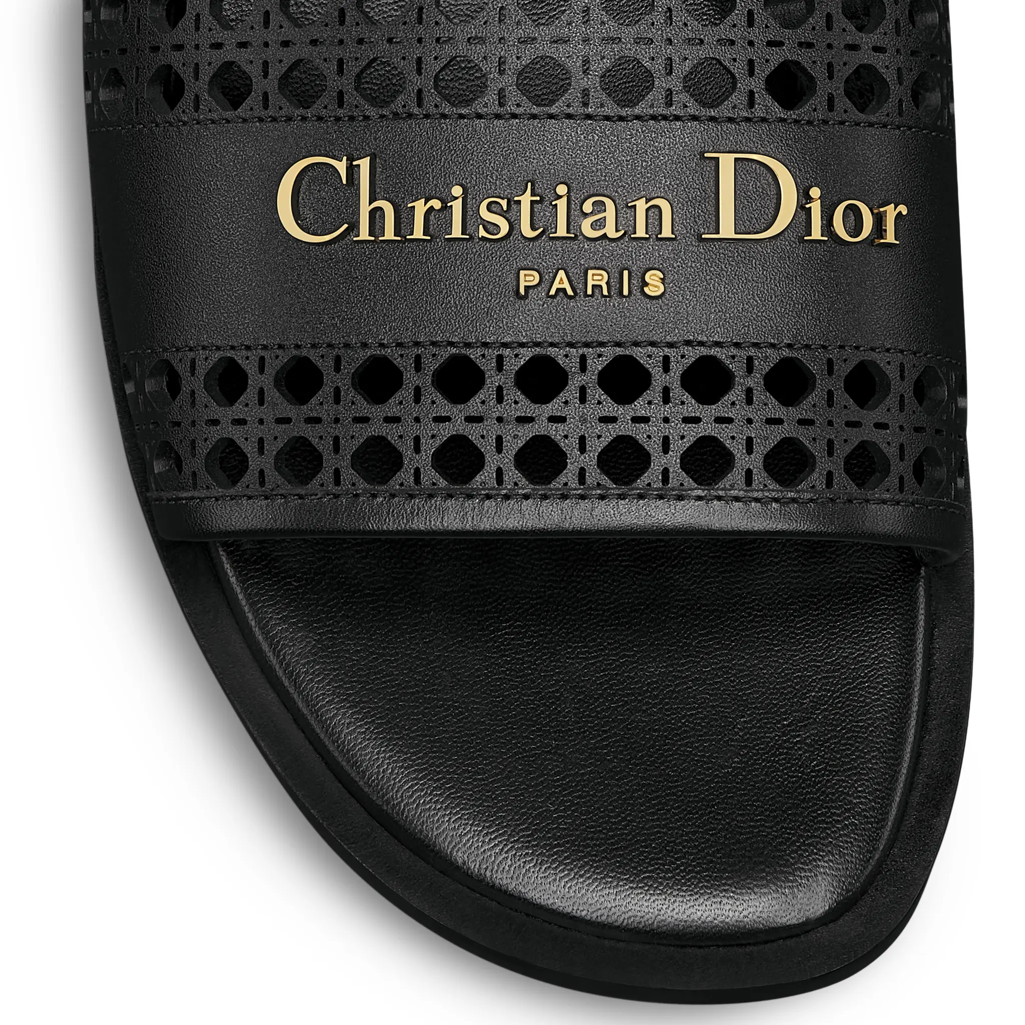 Detailed View of Dior D-Lane Openwork Microcannage Motif Calfskin Black Slides KCO157MLC_S900